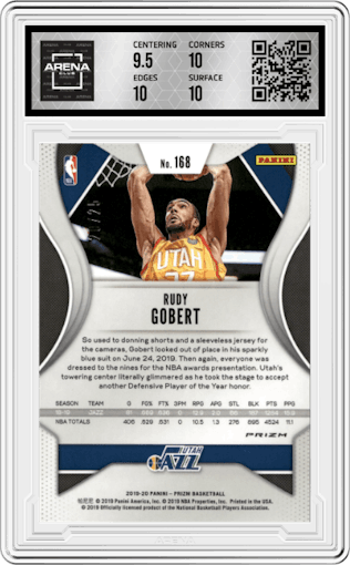 Rudy Gobert from the 2019-20 Panini Prizm set featuring a Mojo parallel graded by Arena Club and given an overall grade of 10.