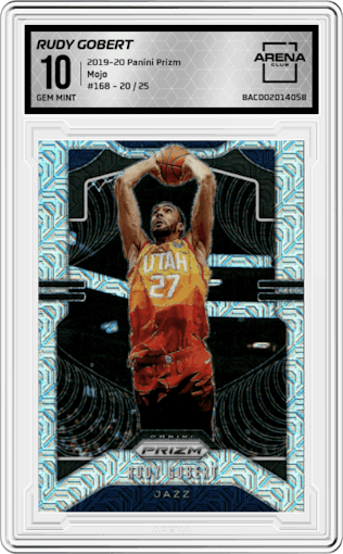 Rudy Gobert from the 2019-20 Panini Prizm set featuring a Mojo parallel graded by Arena Club and given an overall grade of 10.