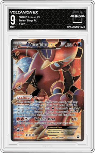 Volcanion EX from the 2016 Pokemon XY set graded by Arena Club and given an overall grade of 9.