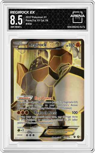 Regirock EX from the 2017 Pokemon XY set featuring a Premium Trainer XY Collection parallel graded by Arena Club and given an overall grade of 8.5.