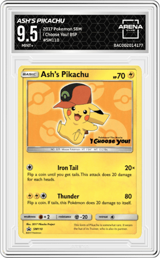 Ash's Pikachu from the 2017 Pokemon S&M set featuring a I Choose You! parallel graded by Arena Club and given an overall grade of 9.5.