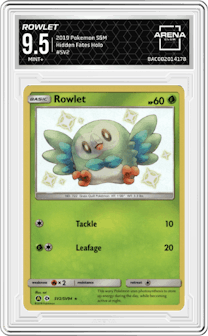 Rowlet from the 2019 Pokemon S&M  set graded by Arena Club and given an overall grade of 9.5.