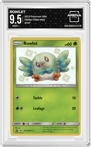 Rowlet from the 2019 Pokemon S&M  set graded by Arena Club and given an overall grade of 9.5.