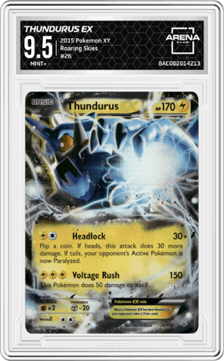 Thundurus EX from the 2015 Pokemon XY set graded by Arena Club and given an overall grade of 9.5.
