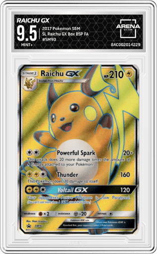 Raichu GX from the 2017 Pokemon S&M set featuring a Shining Legends Raichu GX Box parallel graded by Arena Club and given an overall grade of 9.5.