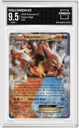 Volcanion EX from the 2016 Pokemon XY set graded by Arena Club and given an overall grade of 9.5.