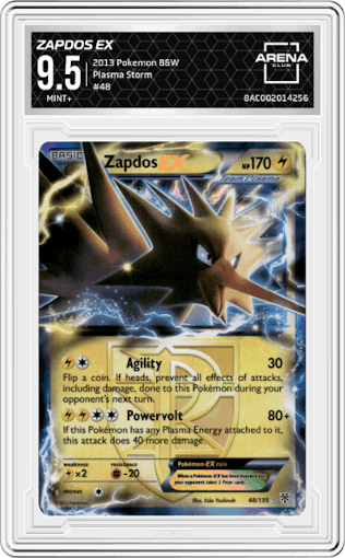 Zapdos EX from the 2013 Pokemon B&W set graded by Arena Club and given an overall grade of 9.5.