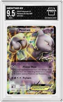 Mewtwo EX from the 2016 Pokemon XY set featuring a Mewtwo EX Box parallel graded by Arena Club and given an overall grade of 9.5.