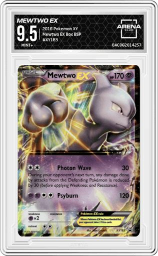 Mewtwo EX from the 2016 Pokemon XY set featuring a Mewtwo EX Box parallel graded by Arena Club and given an overall grade of 9.5.