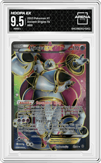 Hoopa EX from the 2015 Pokemon XY set graded by Arena Club and given an overall grade of 9.5.