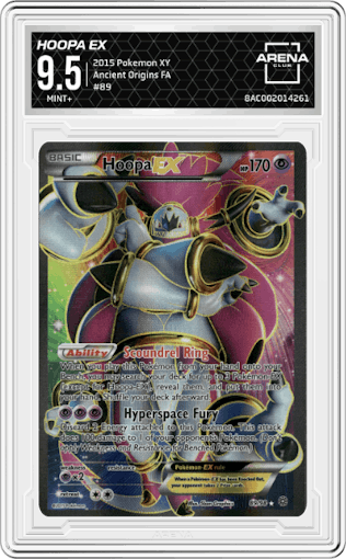 Hoopa EX from the 2015 Pokemon XY set graded by Arena Club and given an overall grade of 9.5.