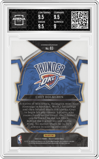 Chet Holmgren from the 2022-23 Panini Select set graded by Arena Club and given an overall grade of 9.5.