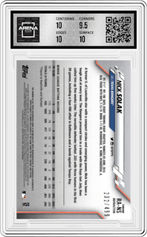 Nick Solak from the 2020 Topps Chrome set featuring a Refractor parallel graded by Arena Club and given an overall grade of 10.