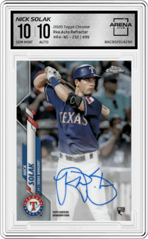 Nick Solak from the 2020 Topps Chrome set featuring a Refractor parallel graded by Arena Club and given an overall grade of 10.
