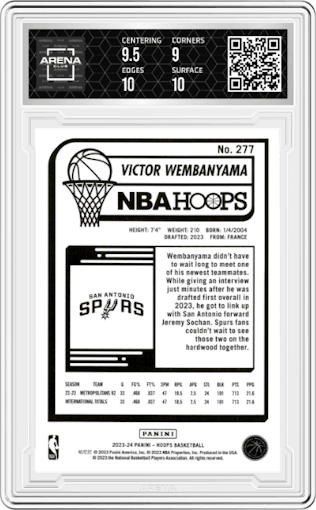 Victor Wembanyama from the 2023-24 Panini NBA Hoops set graded by Arena Club and given an overall grade of 9.5.