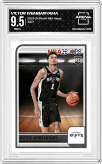 Victor Wembanyama from the 2023-24 Panini NBA Hoops set graded by Arena Club and given an overall grade of 9.5.