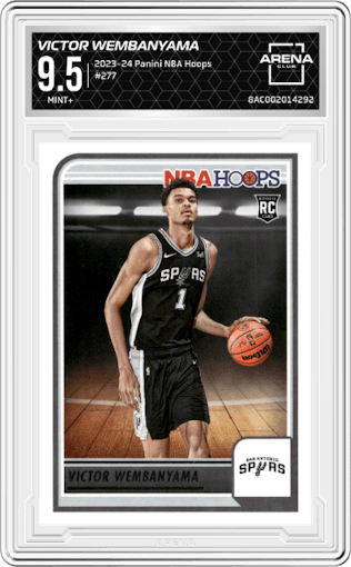 Victor Wembanyama from the 2023-24 Panini NBA Hoops set graded by Arena Club and given an overall grade of 9.5.