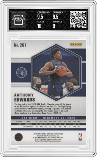 Anthony Edwards from the 2020-21 Panini Mosaic set graded by Arena Club and given an overall grade of 9.5.