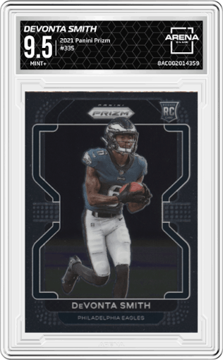 DeVonta Smith from the 2021 Panini Prizm set graded by Arena Club and given an overall grade of 9.5.