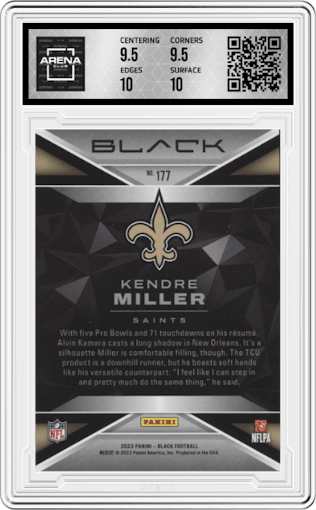 Kendre Miller from the 2023 Panini Black set graded by Arena Club and given an overall grade of 10.