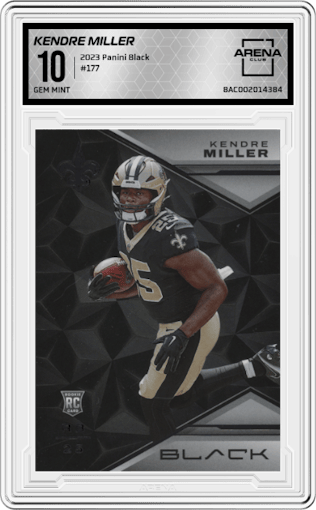 Kendre Miller from the 2023 Panini Black set graded by Arena Club and given an overall grade of 10.