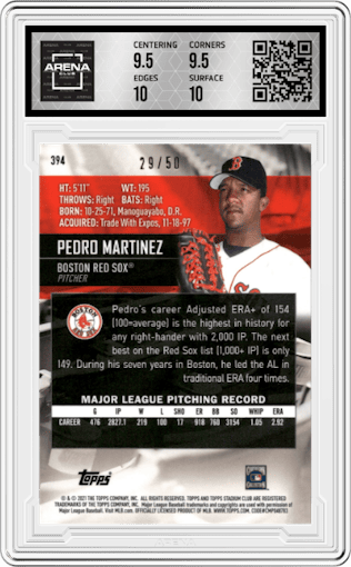 Pedro Martinez from the 2021 Topps Stadium Club Chrome set featuring a Gold Refractor parallel graded by Arena Club and given an overall grade of 10.