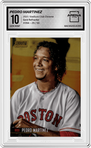 Pedro Martinez from the 2021 Topps Stadium Club Chrome set featuring a Gold Refractor parallel graded by Arena Club and given an overall grade of 10.