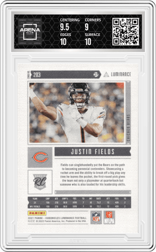 Justin Fields from the 2021 Panini Chronicles set featuring a Pink parallel graded by Arena Club and given an overall grade of 9.5.