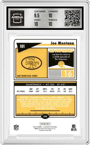 Joe Montana from the 2022 Panini Classics set featuring a No Name parallel graded by Arena Club and given an overall grade of 10.