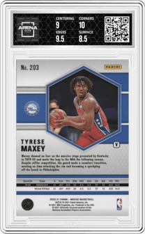 Tyrese Maxey from the 2020-21 Panini Mosaic set graded by Arena Club and given an overall grade of 9.