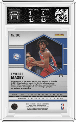 Tyrese Maxey from the 2020-21 Panini Mosaic set graded by Arena Club and given an overall grade of 9.