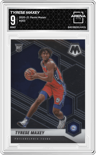Tyrese Maxey from the 2020-21 Panini Mosaic set graded by Arena Club and given an overall grade of 9.
