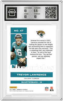 Trevor Lawrence from the 2021 Panini Chronicles set featuring a Pink parallel graded by Arena Club and given an overall grade of 10.