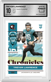 Trevor Lawrence from the 2021 Panini Chronicles set featuring a Pink parallel graded by Arena Club and given an overall grade of 10.