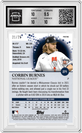 Corbin Burnes from the 2022 Topps Pristine set featuring a Orange Pristine Pulsar Refractor parallel graded by Arena Club and given an overall grade of 10.