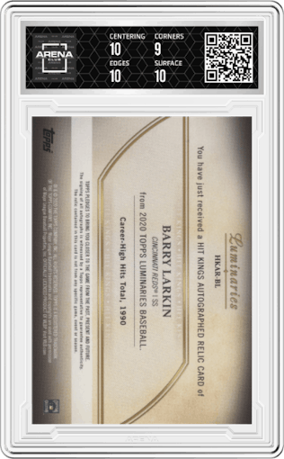 Barry Larkin from the 2020 Topps Luminaries set graded by Arena Club and given an overall grade of 9.5.