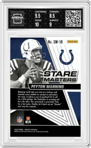 Peyton Manning from the 2022 Panini Mosaic set graded by Arena Club and given an overall grade of 9.