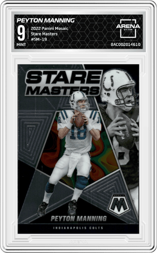 Peyton Manning from the 2022 Panini Mosaic set graded by Arena Club and given an overall grade of 9.