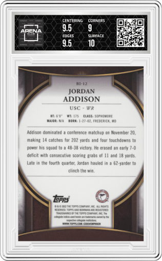 Jordan Addison from the 2022 Bowman University Chrome set graded by Arena Club and given an overall grade of 9.5.