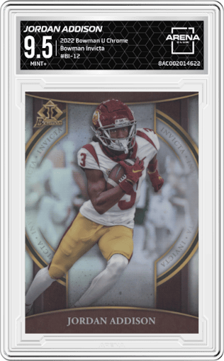 Jordan Addison from the 2022 Bowman University Chrome set graded by Arena Club and given an overall grade of 9.5.