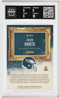 Jalen Hurts from the 2020 Panini Chronicles set graded by Arena Club and given an overall grade of 9.5.