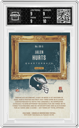 Jalen Hurts from the 2020 Panini Chronicles set graded by Arena Club and given an overall grade of 9.5.