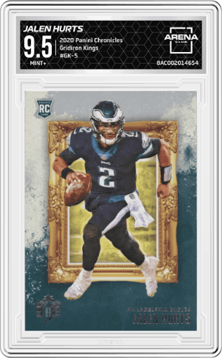 Jalen Hurts from the 2020 Panini Chronicles set graded by Arena Club and given an overall grade of 9.5.