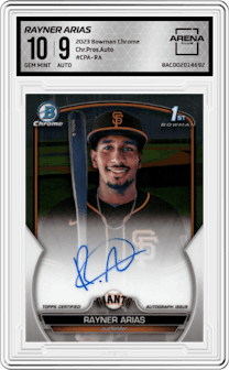 Rayner Arias from the 2023 Bowman Chrome set graded by Arena Club and given an overall grade of 10.
