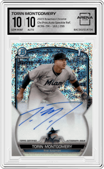 Torin Montgomery from the 2023 Bowman Chrome set featuring a Speckle Refractor parallel graded by Arena Club and given an overall grade of 10.