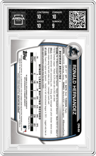 Ronald Hernandez from the 2023 Bowman Chrome set graded by Arena Club and given an overall grade of 9.5.