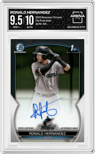 Ronald Hernandez from the 2023 Bowman Chrome set graded by Arena Club and given an overall grade of 9.5.