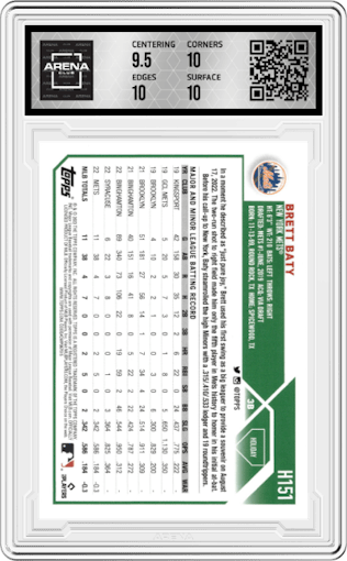 Brett Baty  from the 2023 Topps Holiday set graded by Arena Club and given an overall grade of 10.