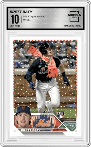 Brett Baty  from the 2023 Topps Holiday set graded by Arena Club and given an overall grade of 10.