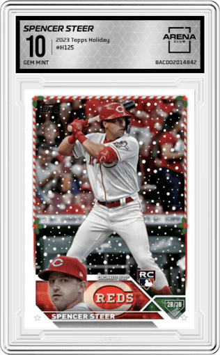 Spencer Steer from the 2023 Topps Holiday set graded by Arena Club and given an overall grade of 10.